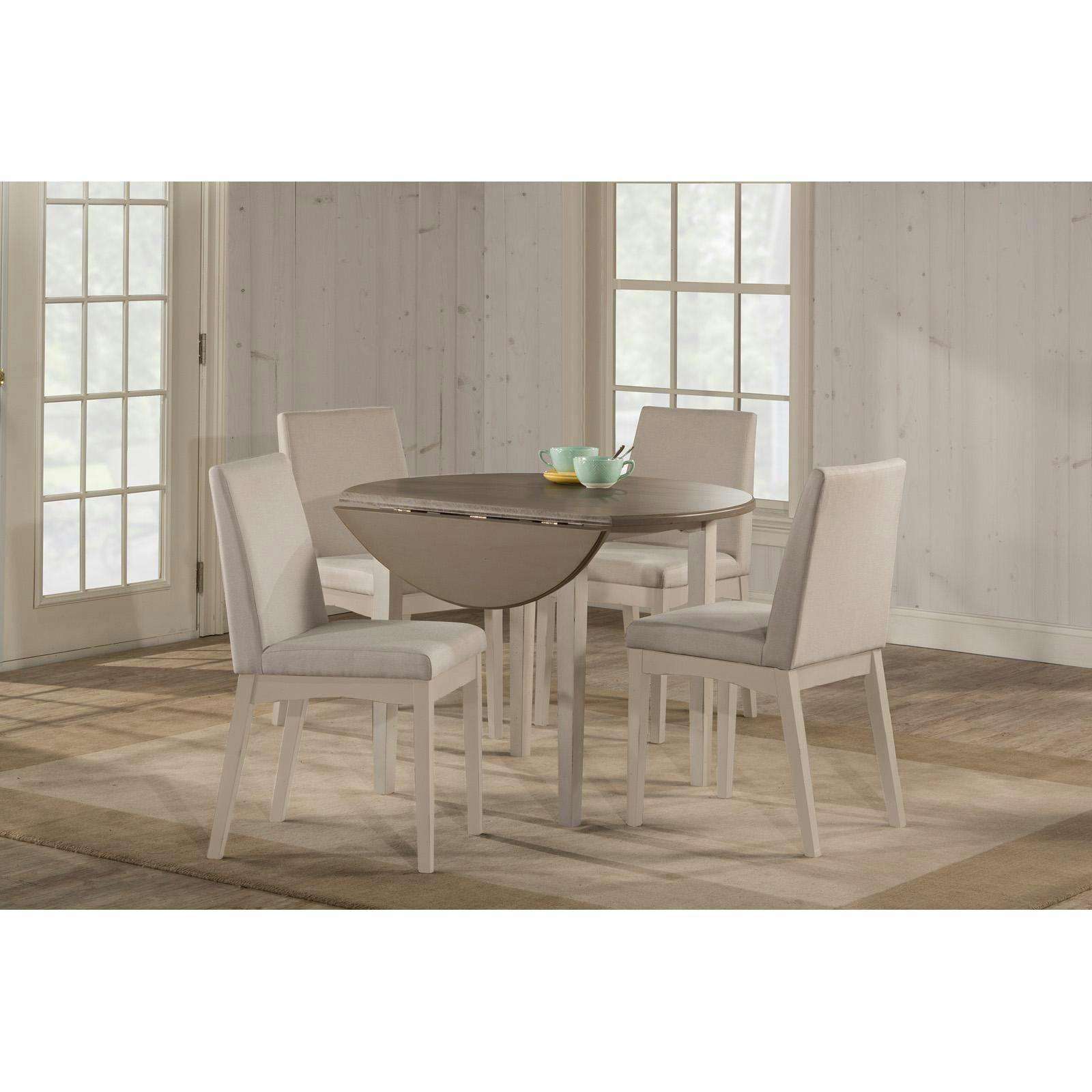 Clarion Farmhouse Round Drop-Leaf Dining Table in Sea White and Distressed Gray