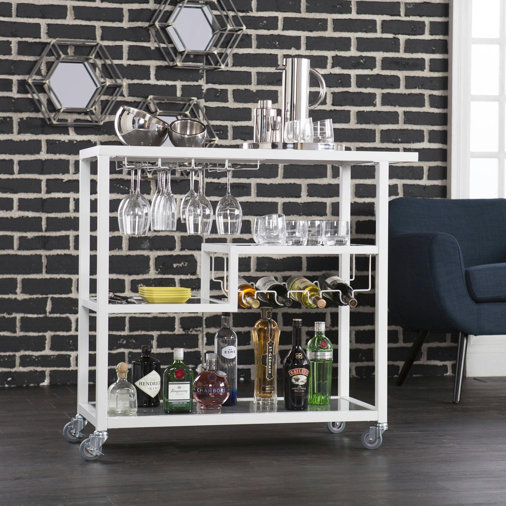 Zephs Contemporary White Bar Cart with Wine Rack and Glass Storage