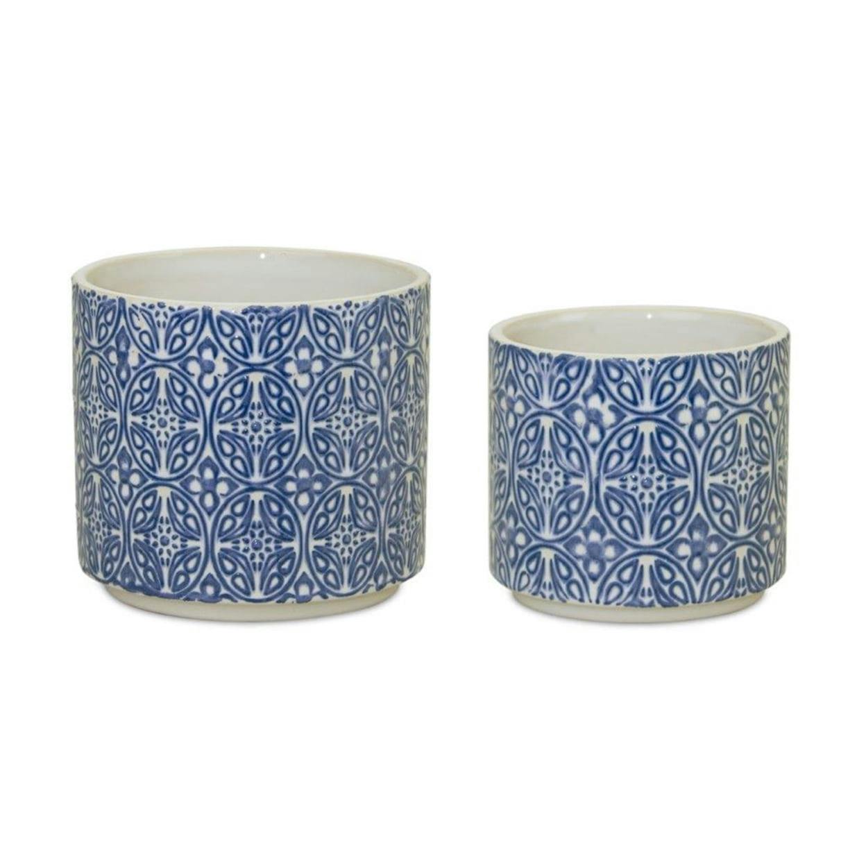 Geometric Blue and White Glazed Ceramic Pots (Set of 2)