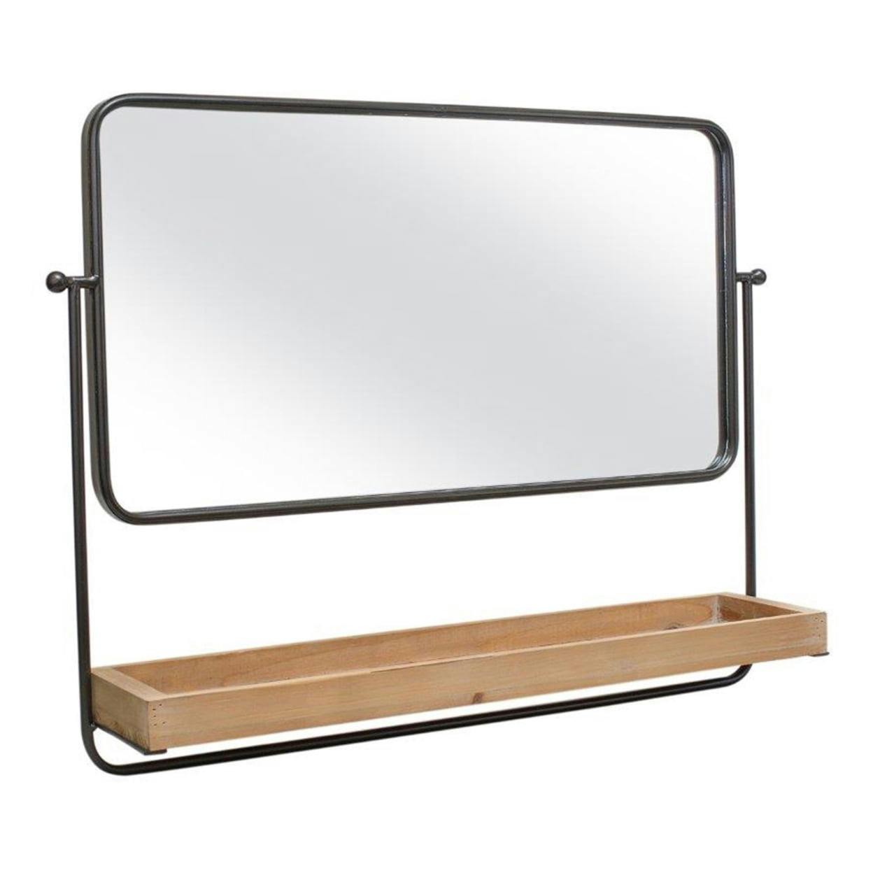 Contemporary Black Metal & Wood Wall Mirror with Shelf, 29"L