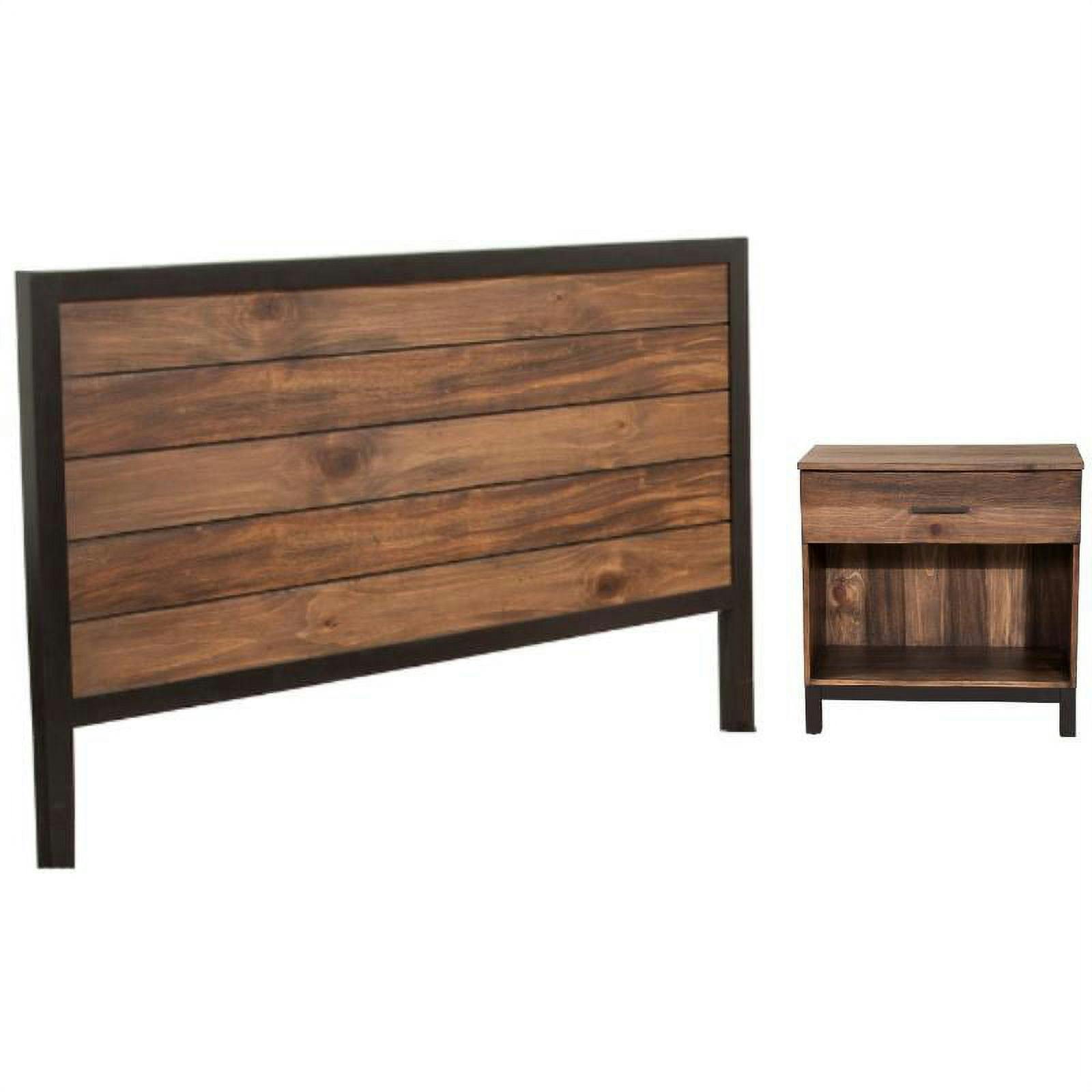 Rustic Pine King Headboard & Nightstand Set with Black Accents