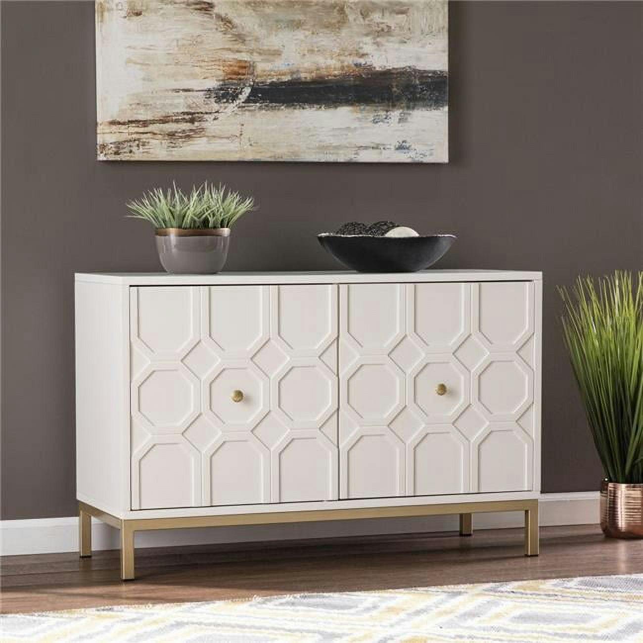 Exotic White & Gold Moroccan Carved 2-Door Console Cabinet