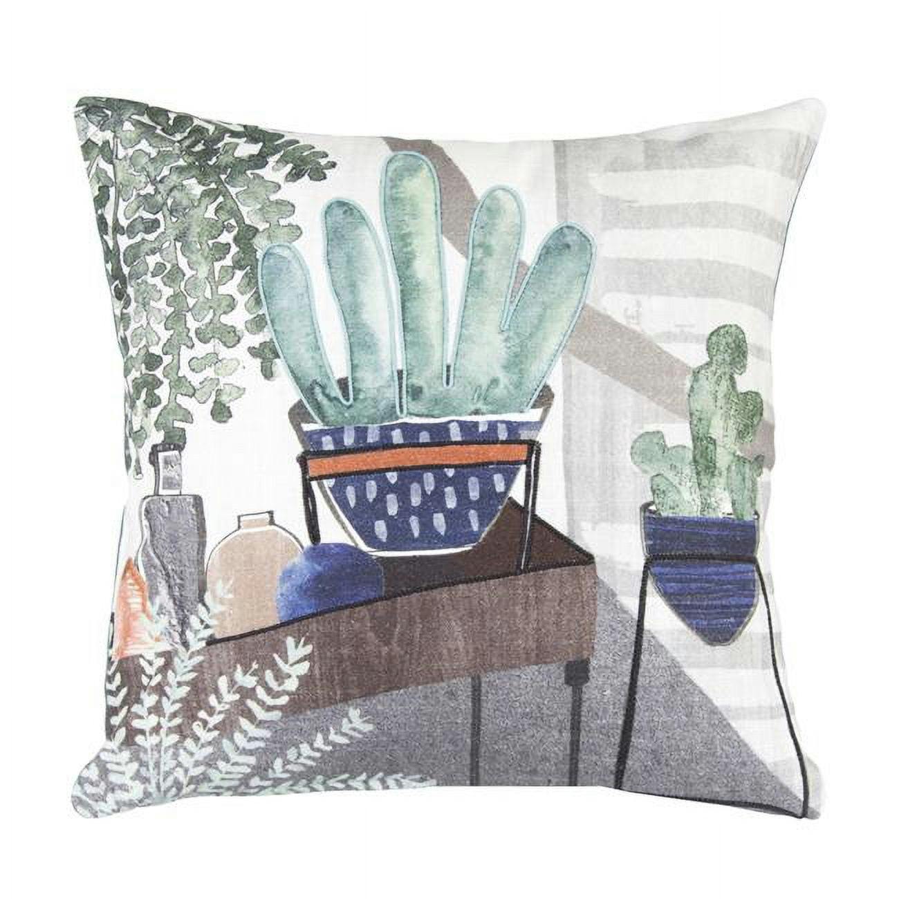 Serene Cactus Oasis Cotton Throw Pillow Set, 15" Square in Green and Grey