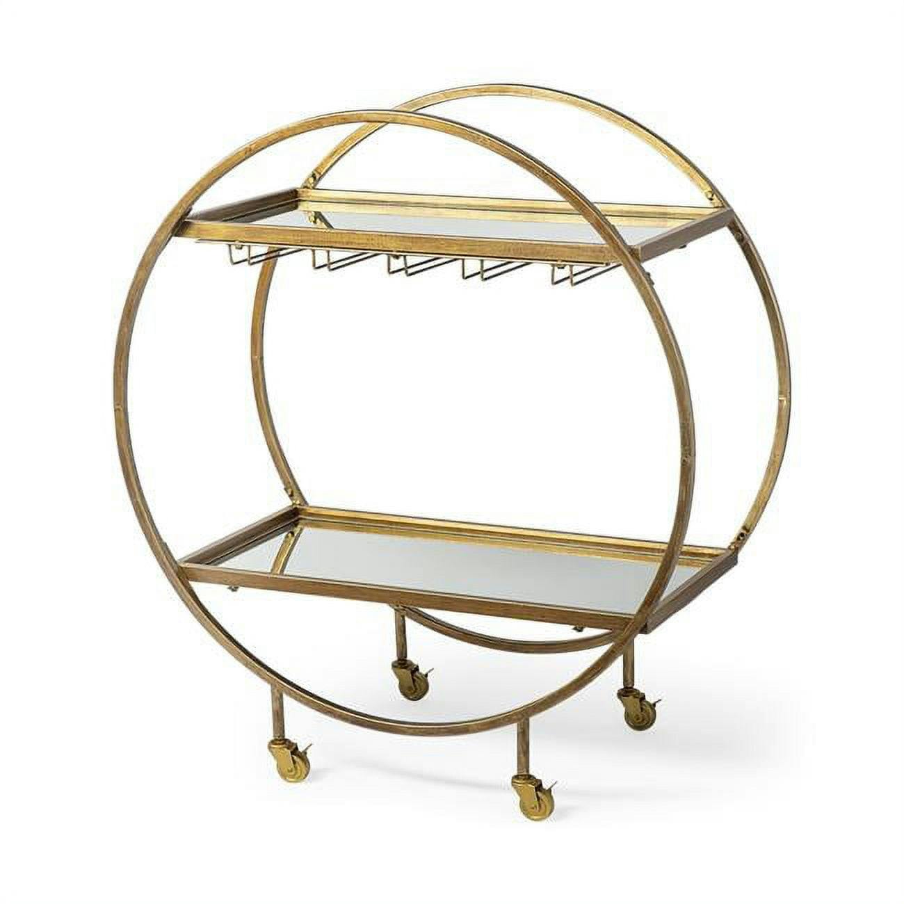 Luxury Antiqued Gold Circular Bar Cart with Mirrored Shelves