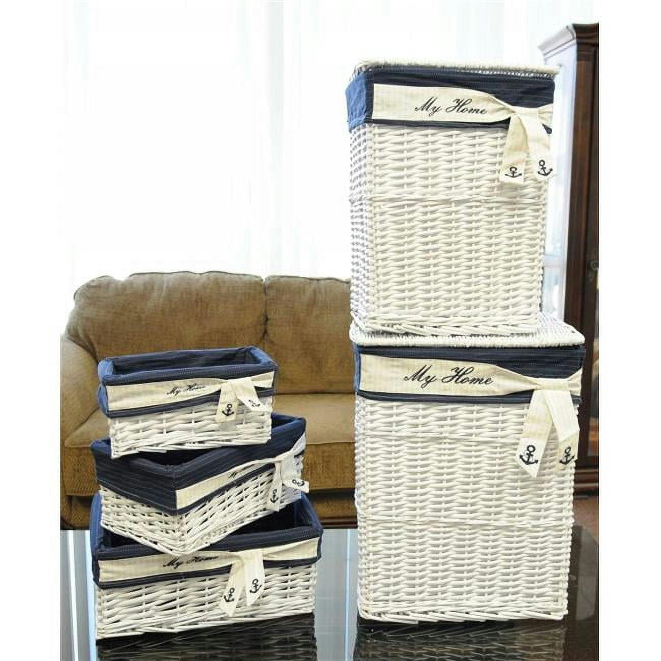 Set of 5 White & Blue Rectangular Willow Storage Baskets