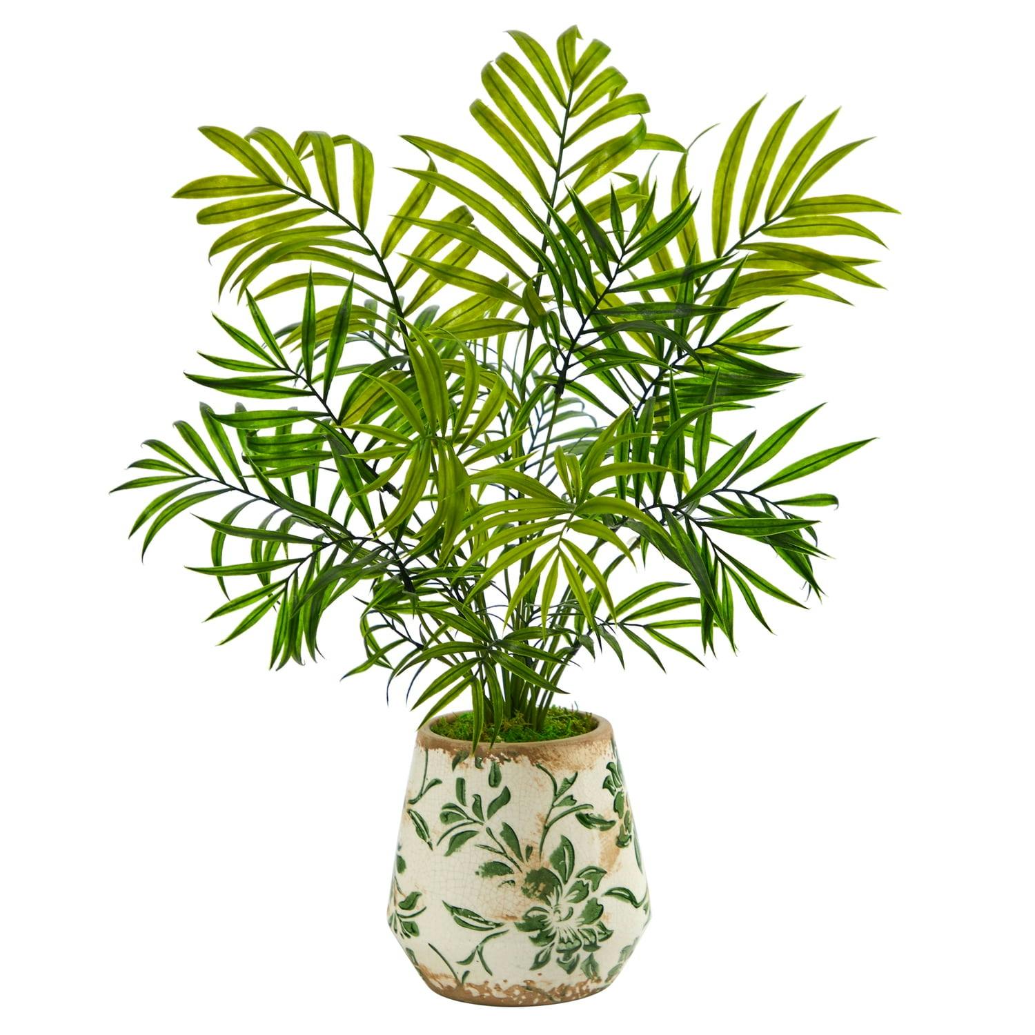 18" Mini Areca Palm Silk Plant in Floral Vase with Natural Moss