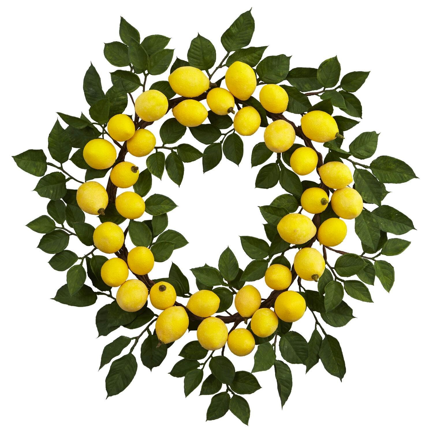 Sunlit Citrus 18" Burlap Trimmed Lemon Wreath for Outdoor Decor