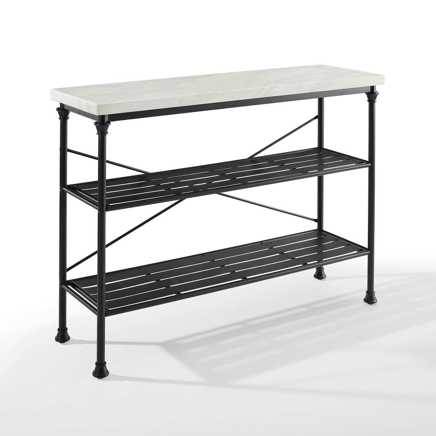 French Industrial Revival Matte Black Console with Faux Marble Top