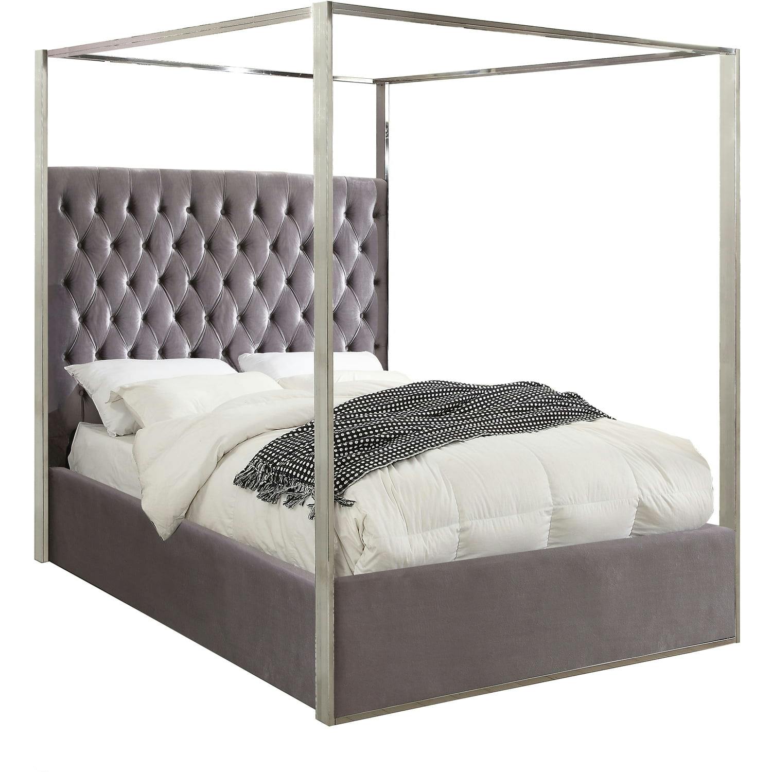 Regal Grey Velvet Tufted Queen Canopy Bed with Chrome Frame