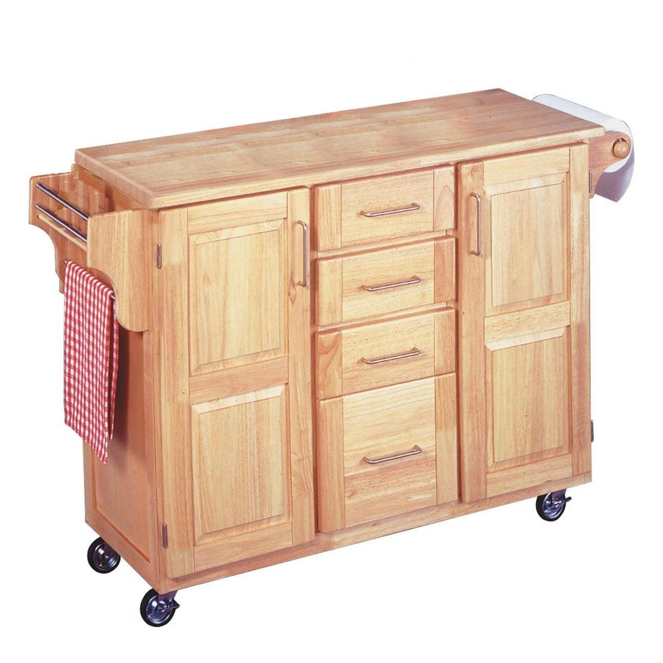 Natural Oak Drop-Leaf Rectangular Kitchen Cart with Spice Rack and Storage