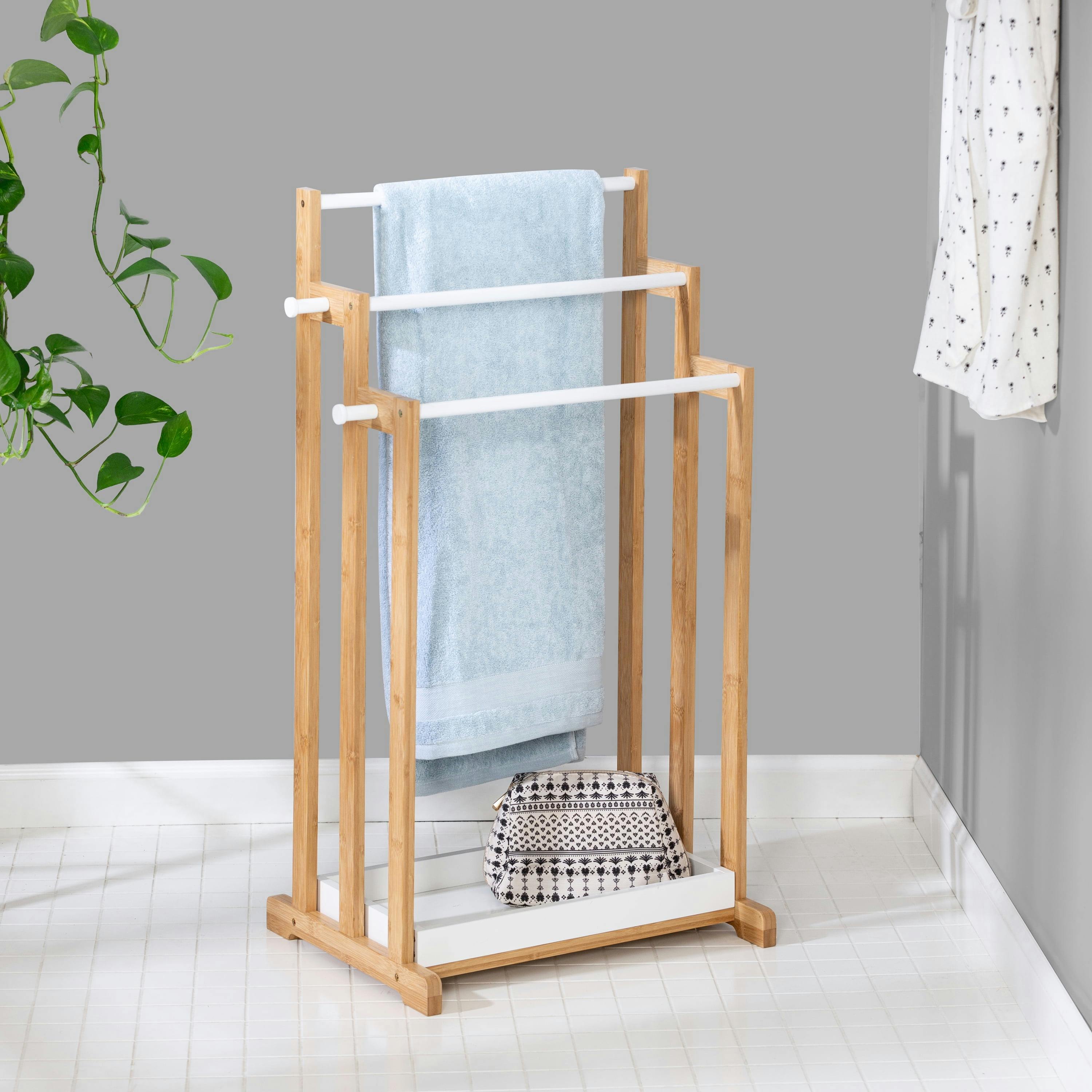 Compact 3-Tier White & Bamboo Bathroom Towel Rack