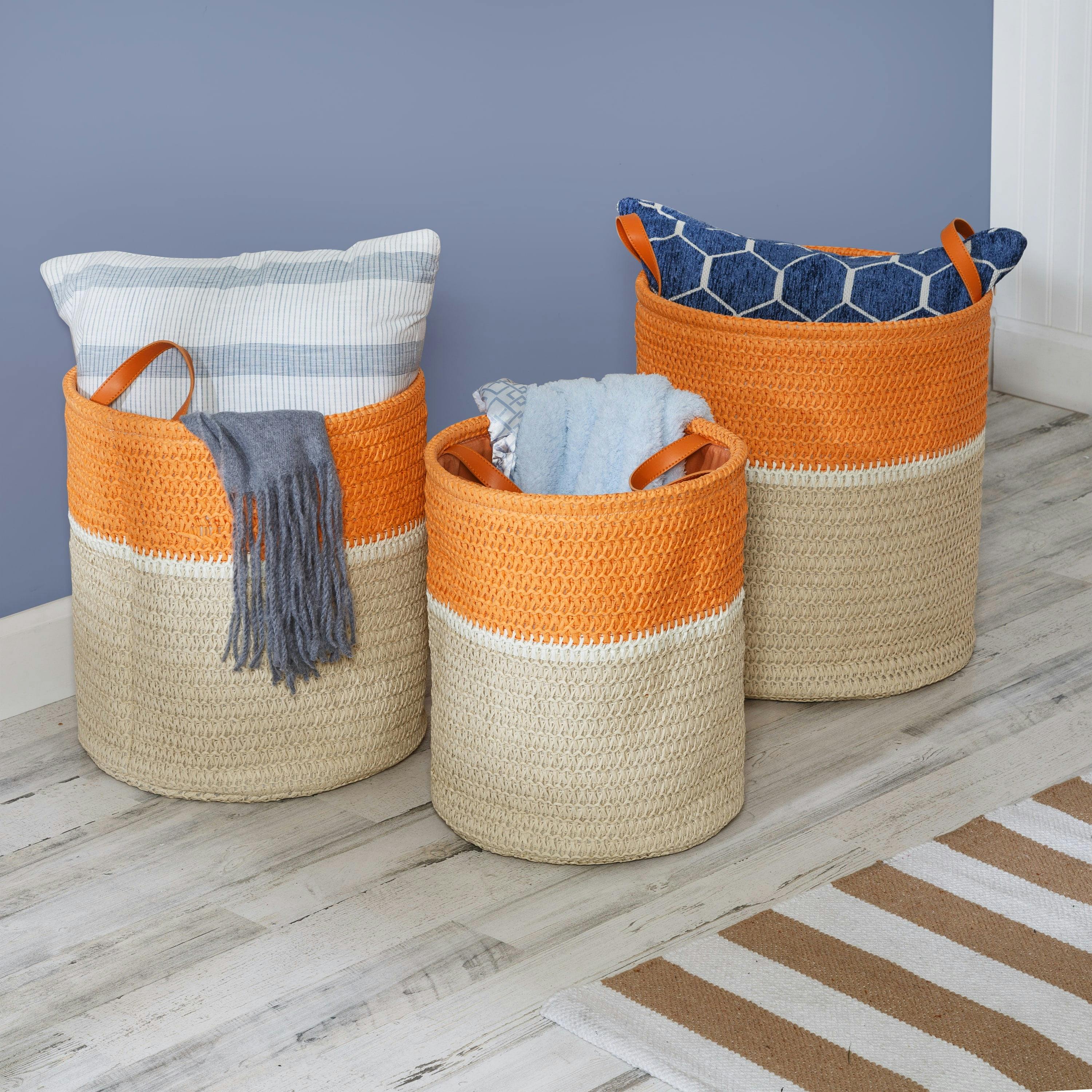 Modern Nestable Orange and Natural Paper Straw Storage Baskets with Handles, Set of 3