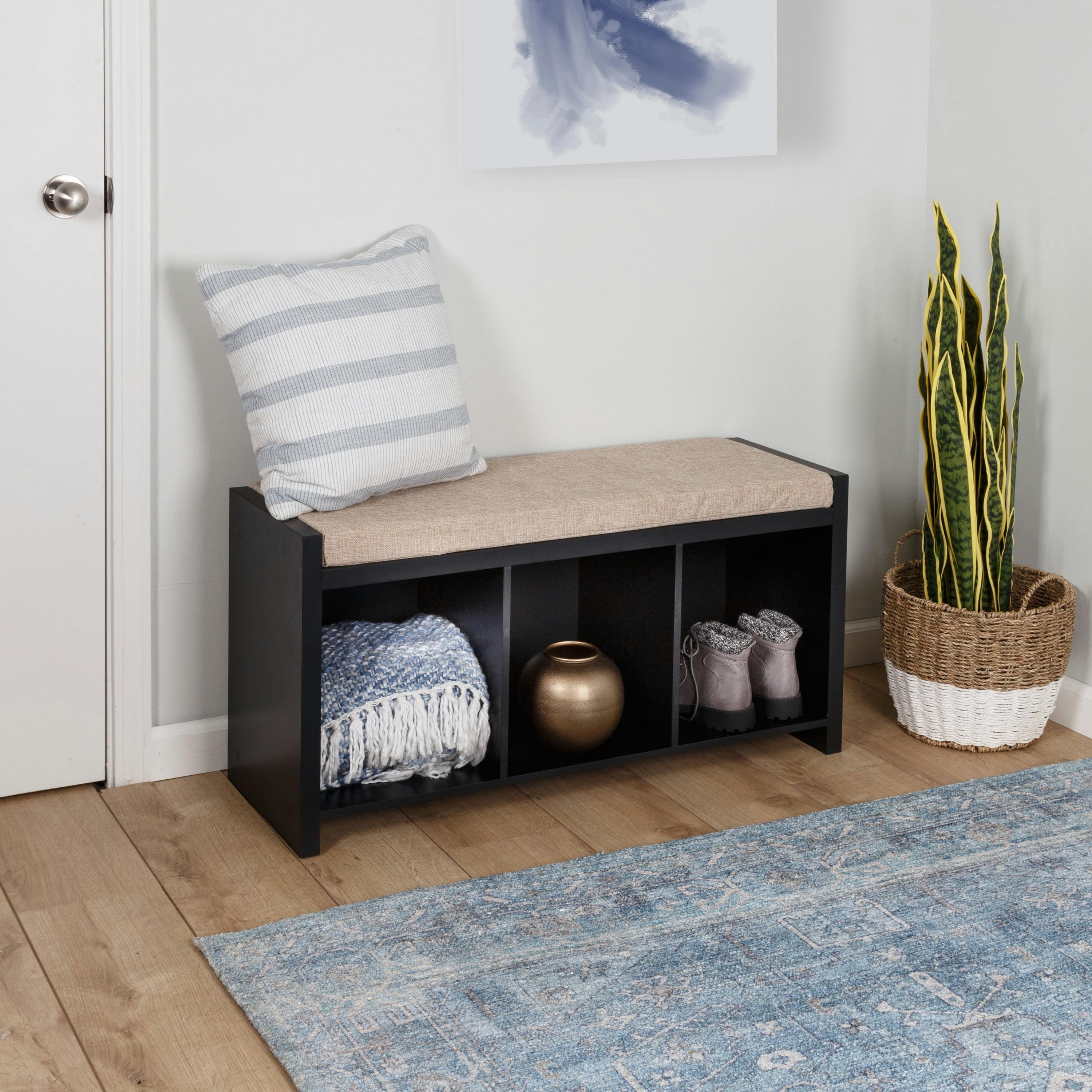 Modern Black Storage Bench with Tan Cushion and Cubby Shelves