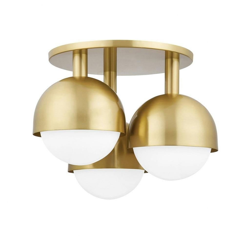 Transitional Aged Brass Globe Semi-Flush Mount with Opal Glass