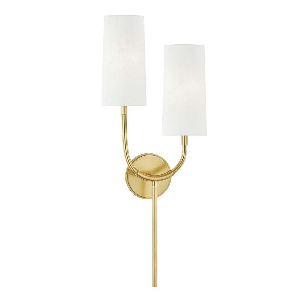 Elegant Aged Brass Dual-Light Wall Sconce with White Linen Shades
