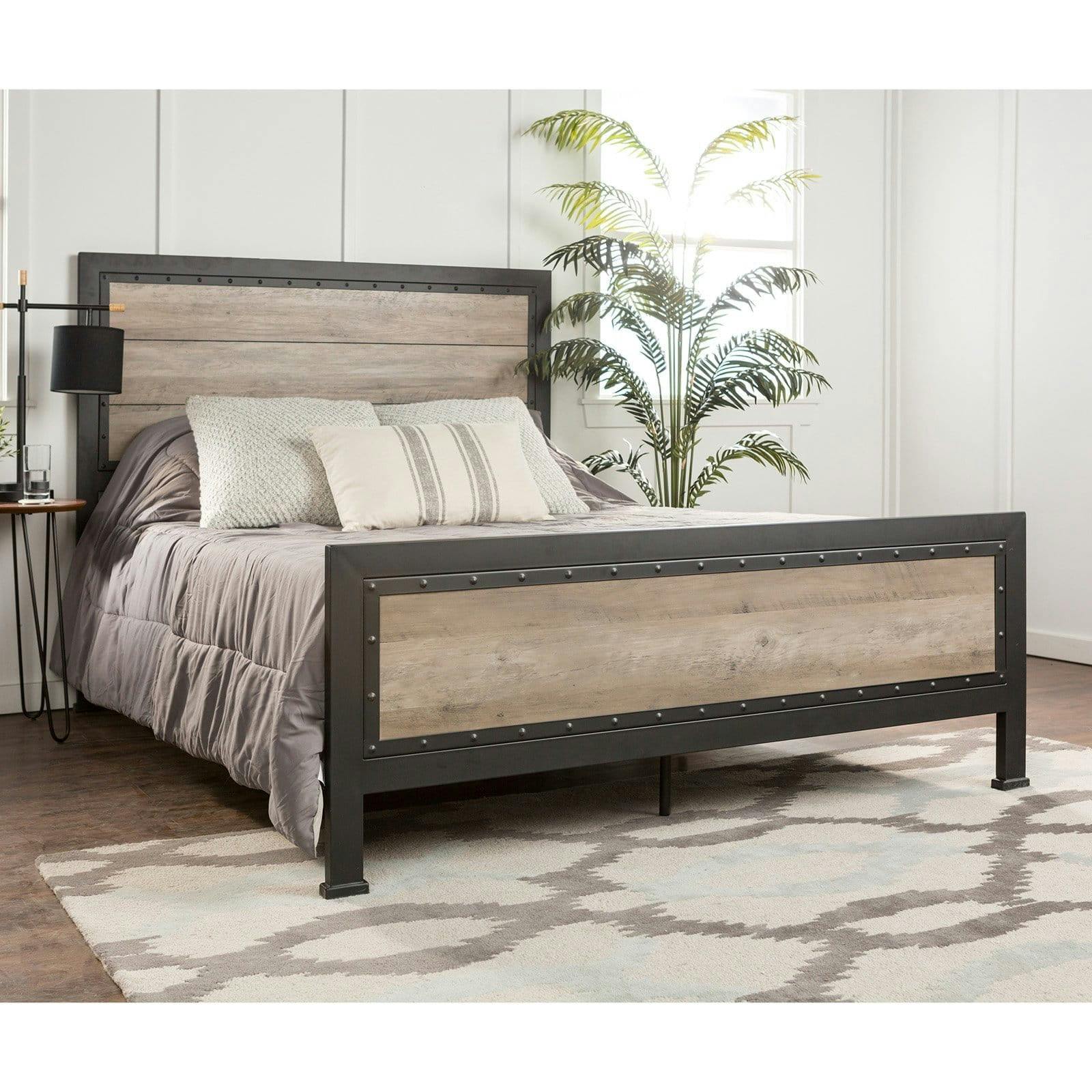 Rustic Industrial Queen Panel Bed with Wood Accents, Grey Wash