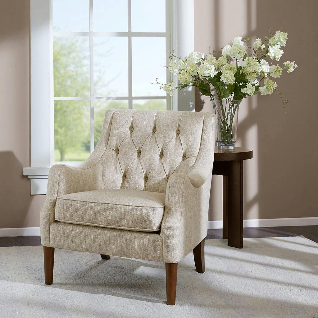 Elegant Beige Handcrafted Wood Accent Chair with Button Tufted Back