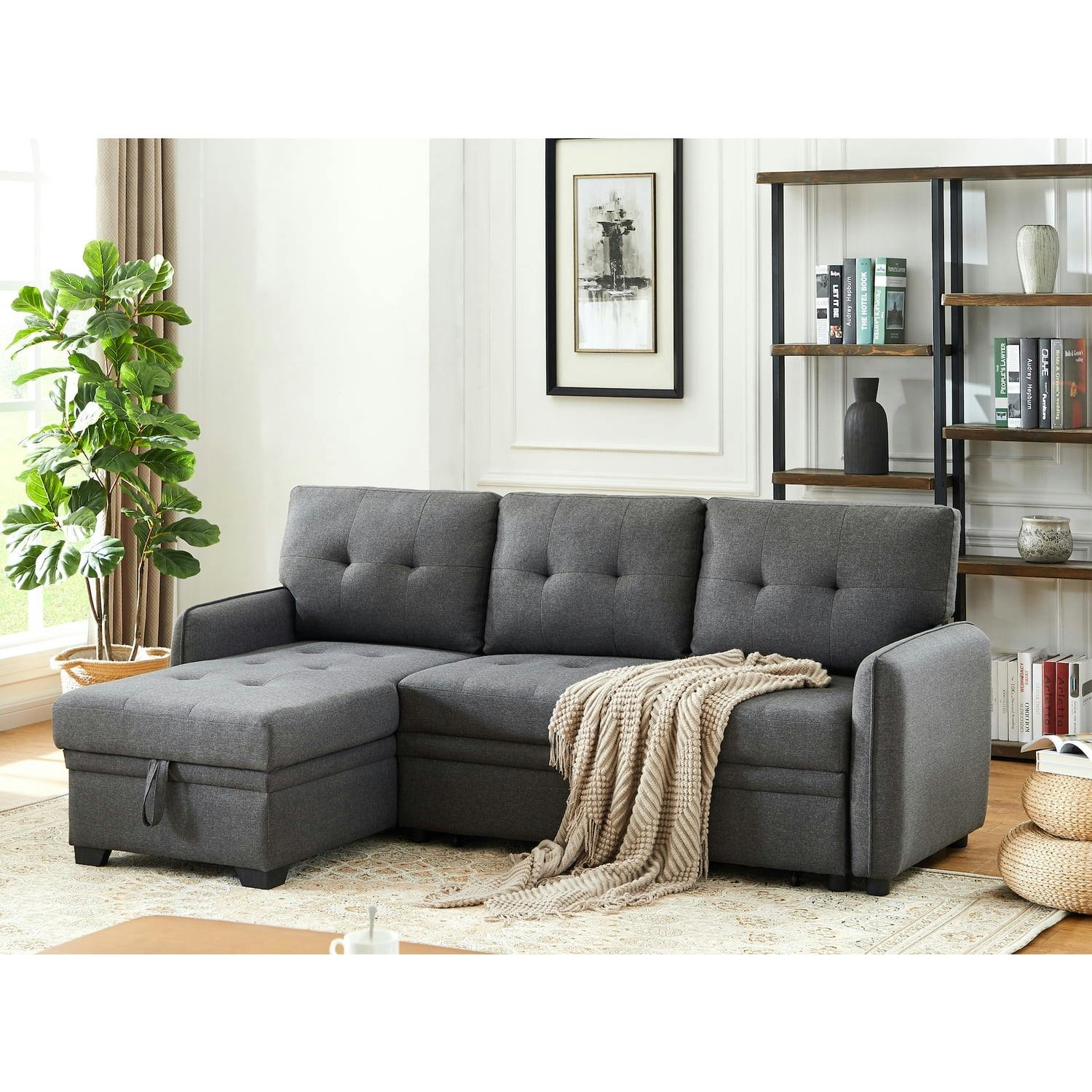 Contemporary Low-Profile Tufted Sectional in Dark Gray Linen