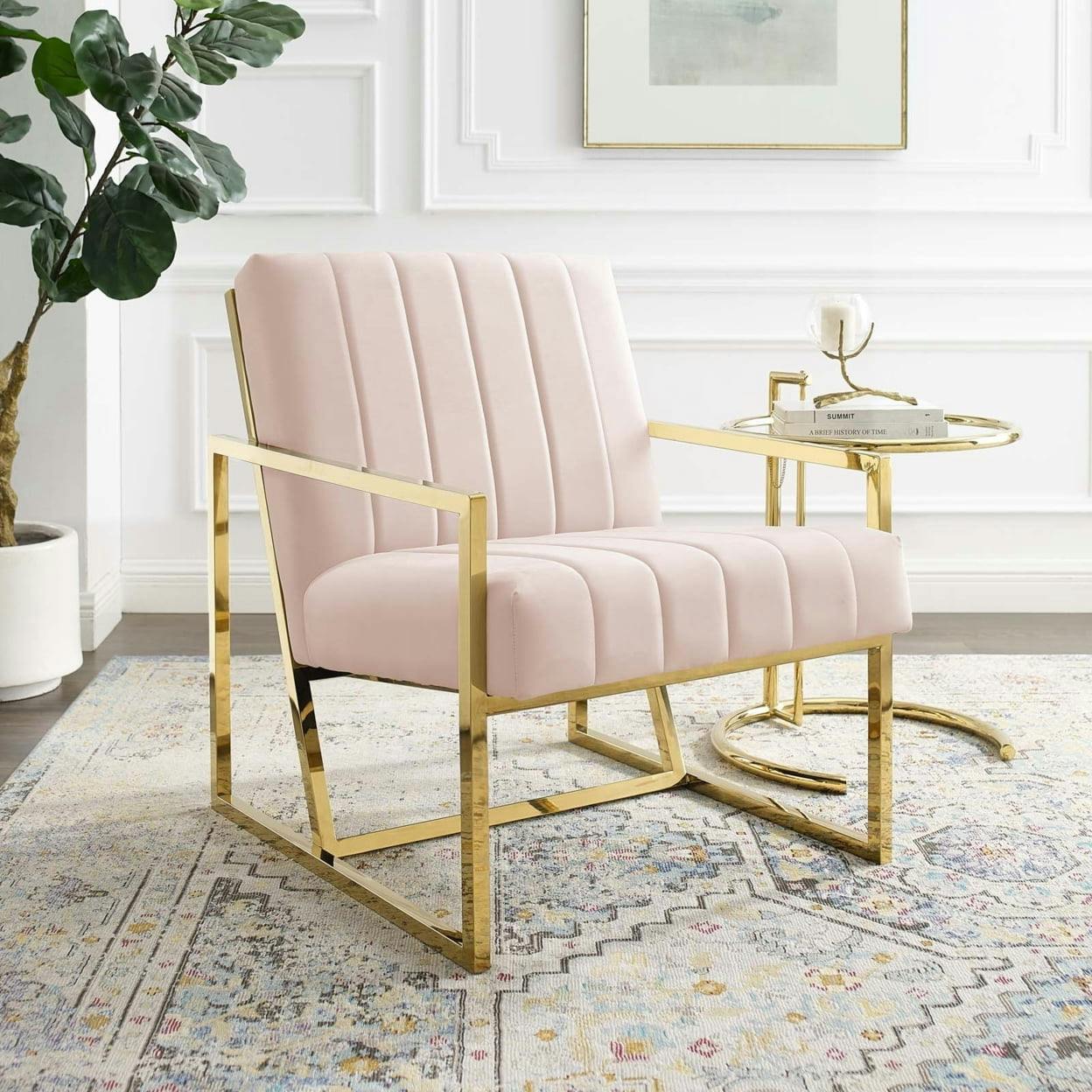 Elegant Geometric Pink Velvet Accent Chair with Gold Metal Frame
