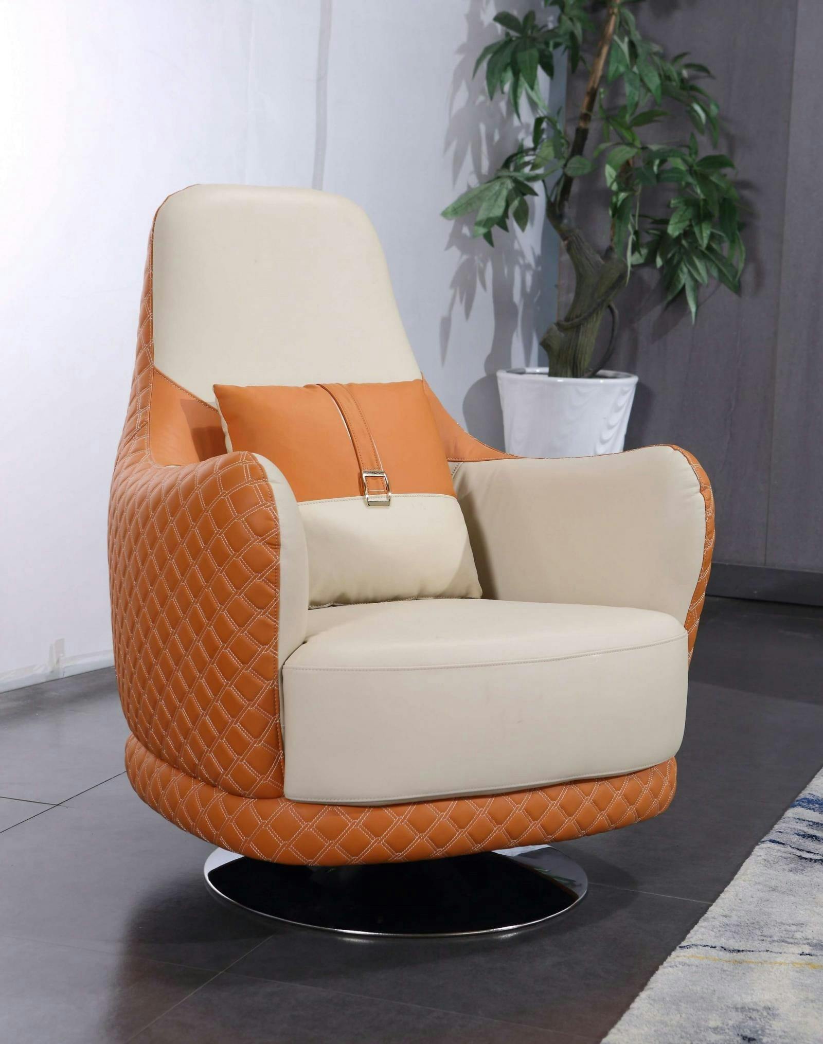 Amalia Italian Leather Swivel Armchair in Off-White and Orange