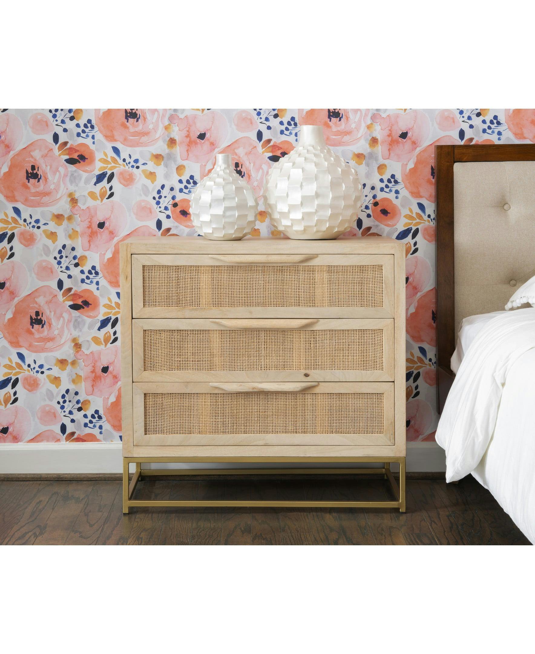 Janie 3-Drawer Natural Rattan and Gold Metal Cabinet