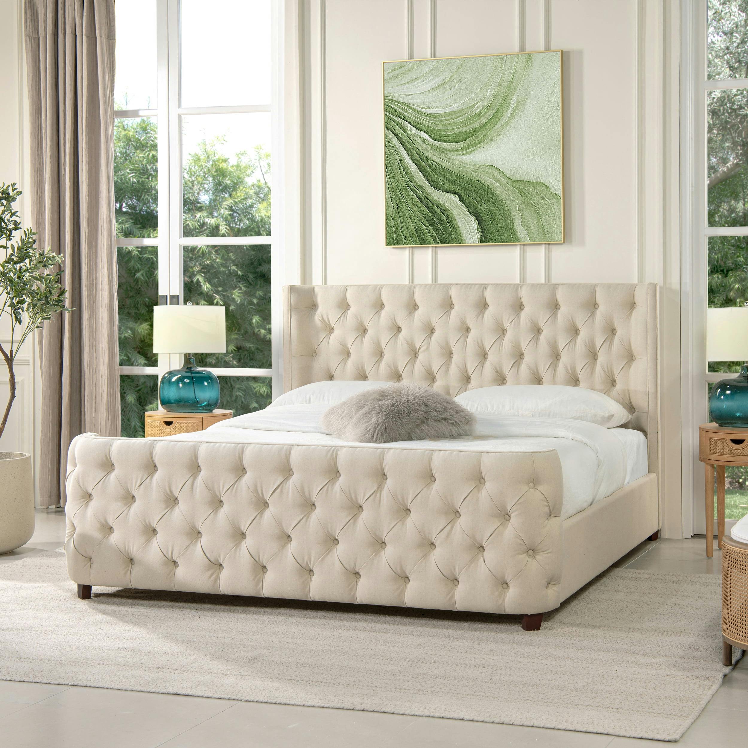 Elegant Geneva King-Sized Linen Upholstered Bed with Curved Wing Headboard