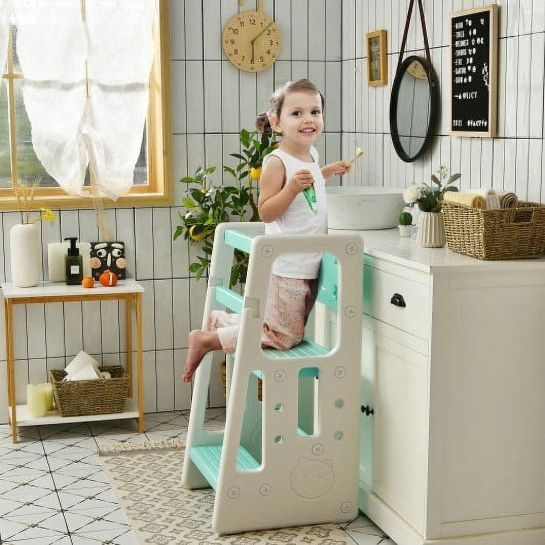 Green and White Toddler Kitchen Helper Step Stool with Safety Features
