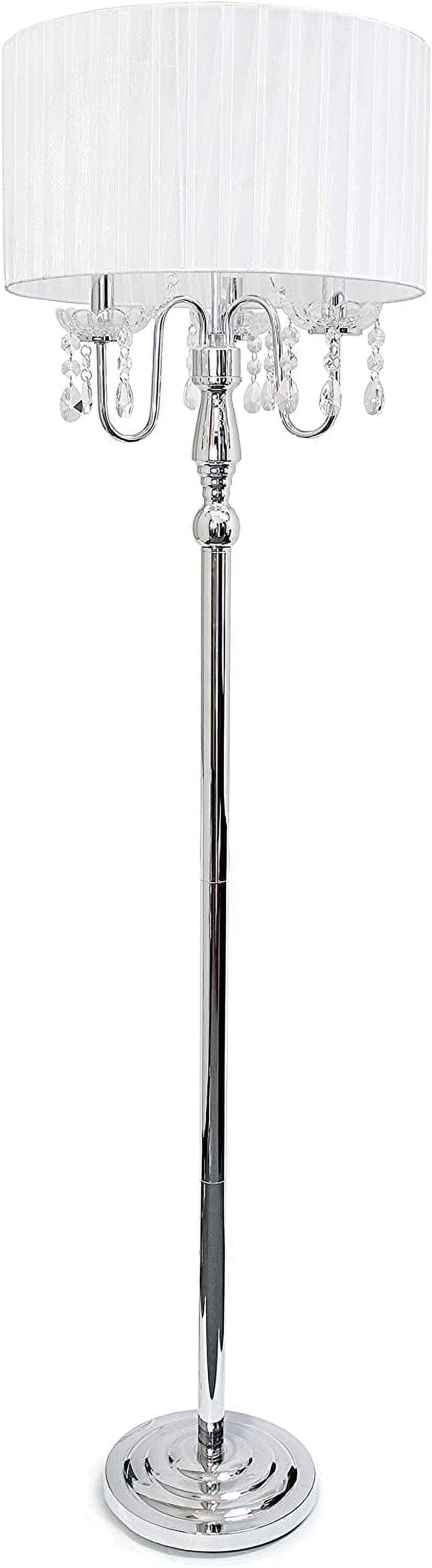 Elegant White Chrome Floor Lamp with Sheer Shade and Hanging Crystals