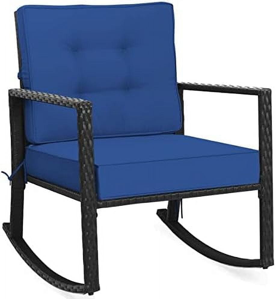 Elegant Black Iron & Blue Cushioned Rocking Chair for Outdoor Leisure
