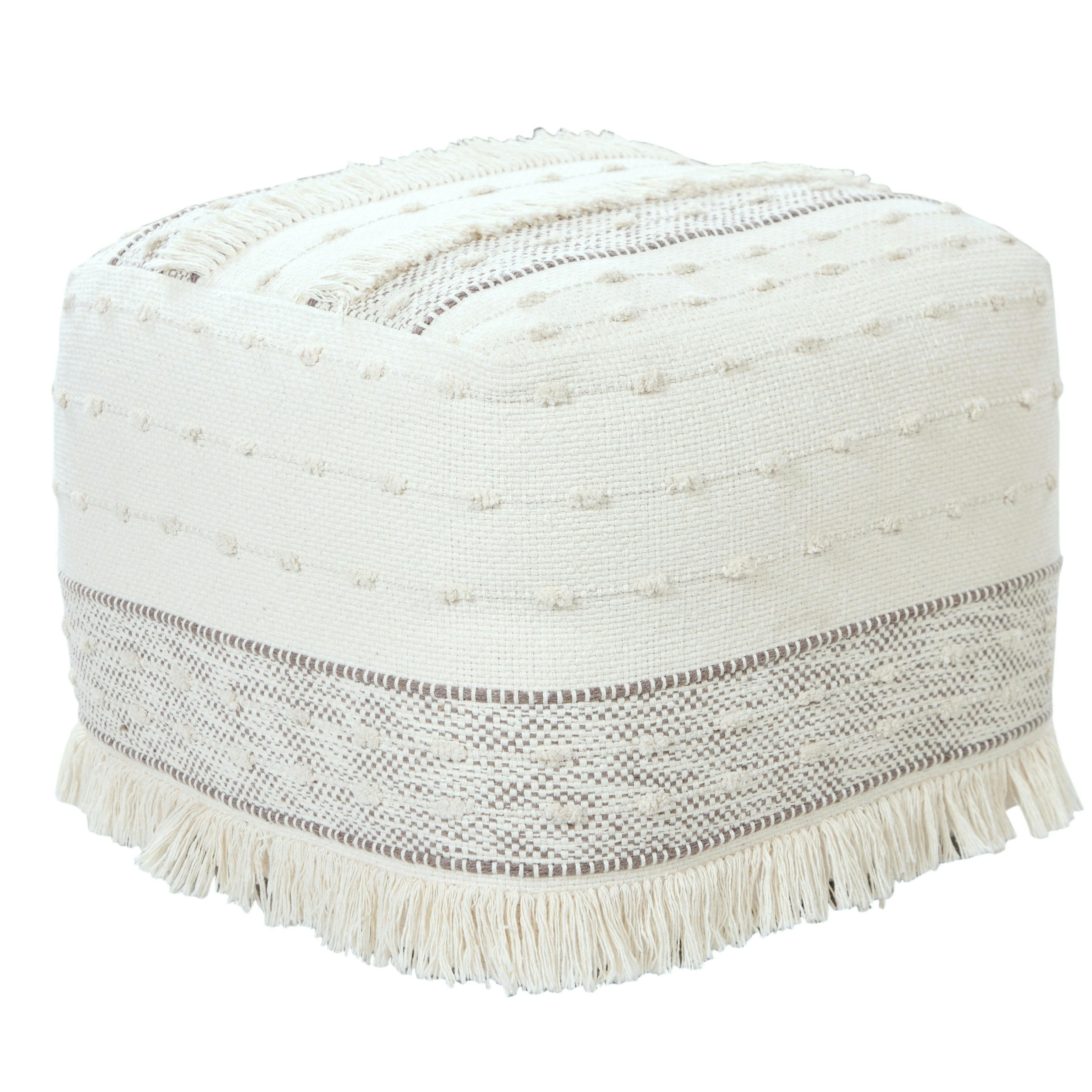 Ivory and Brown Shag Fringe Textured Square Pouf, 18" x 14"