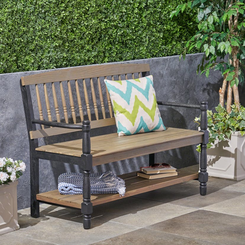 Larry Outdoor Rustic Acacia Wood Bench with Shelf, Gray and Black