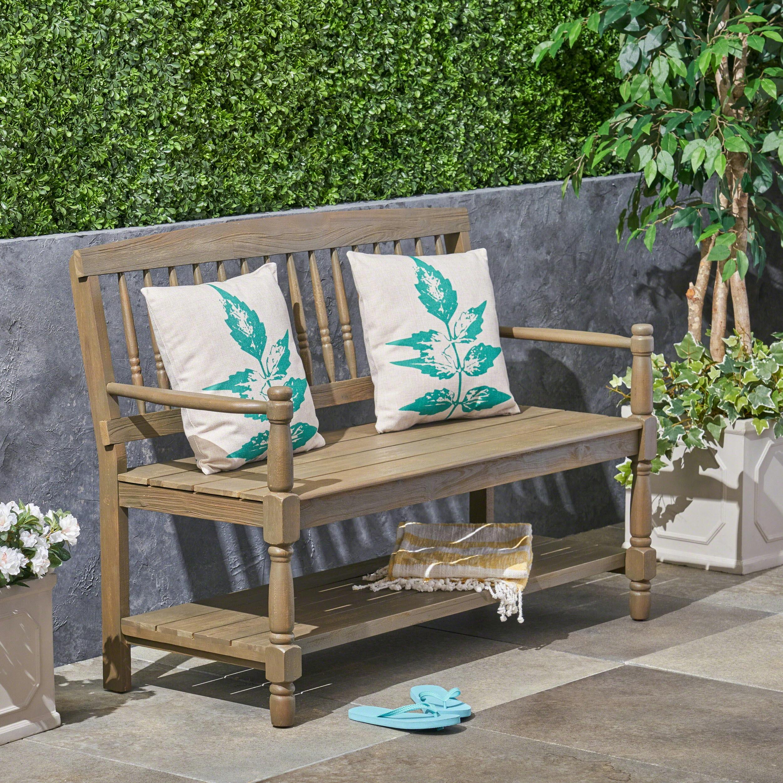 Larry Outdoor Rustic Acacia Wood Bench with Shelf, Gray