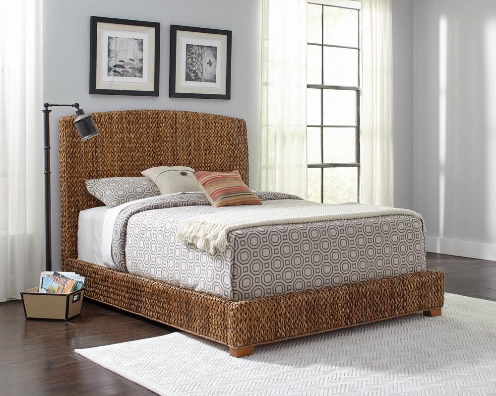 Rustic Cocoa Brown Woven Banana Leaf King Bed with Nailhead Trim