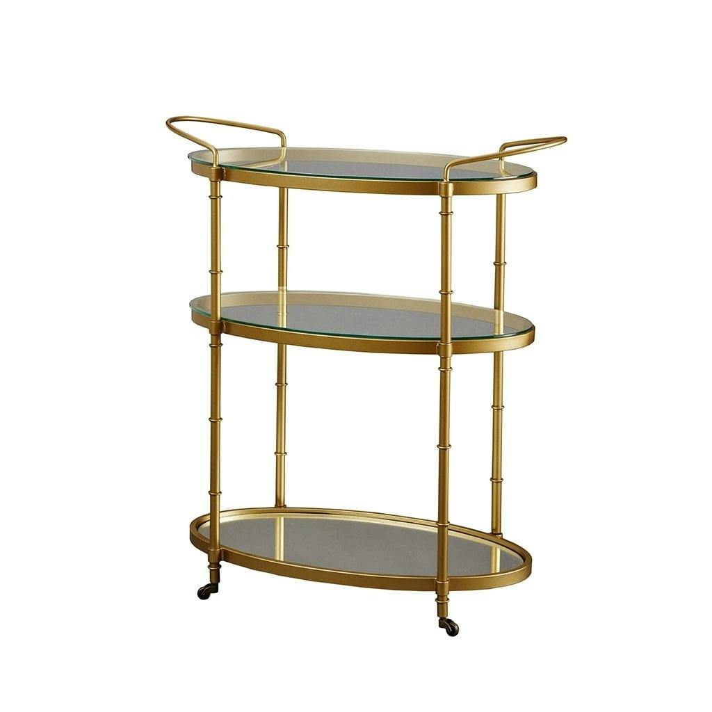 Lauren Antique Gold Oval Bar Cart with Glass and Mirror Shelves