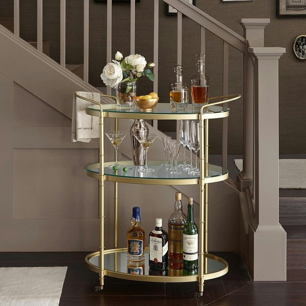 Lauren Antique Gold Oval Bar Cart with Glass and Mirror Shelves