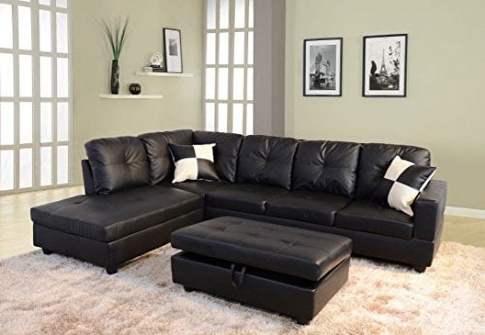 Contemporary Black Faux Leather L-Shape Sectional with Ottoman and Storage