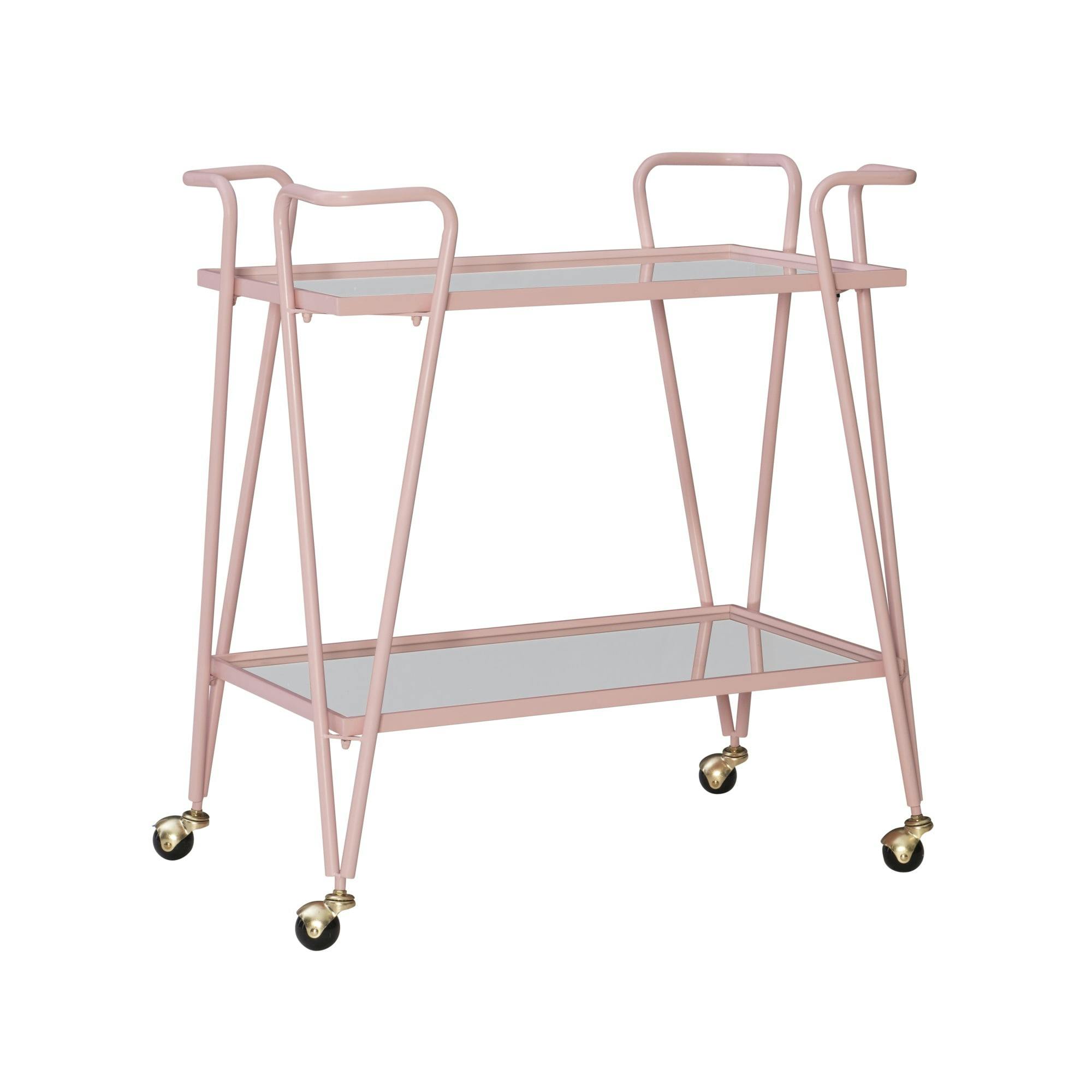 Modern Pink Iron Tiered Bar Cart with Mirrored Shelves