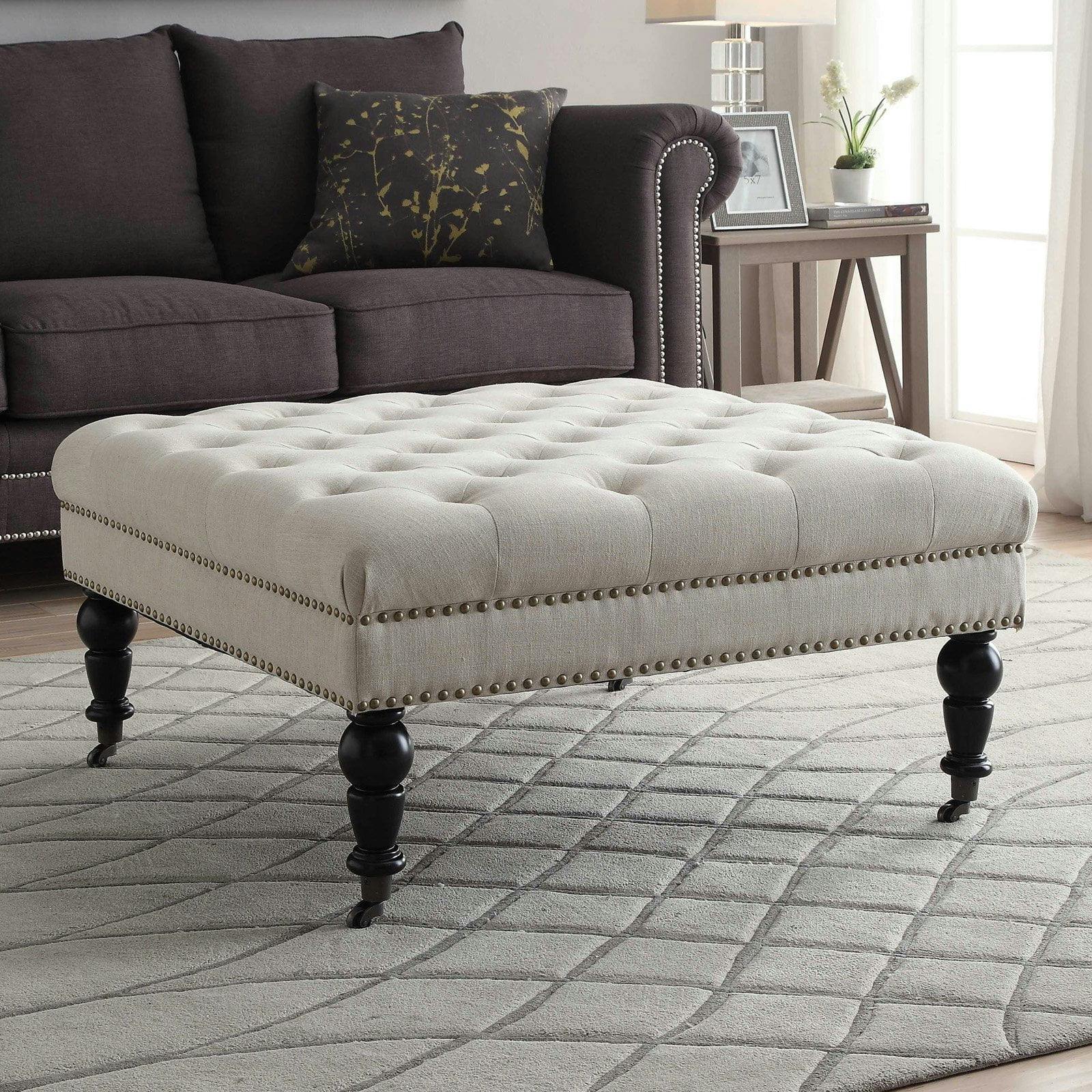 Isabelle 35" Tufted Linen Ottoman with Nailhead Accents