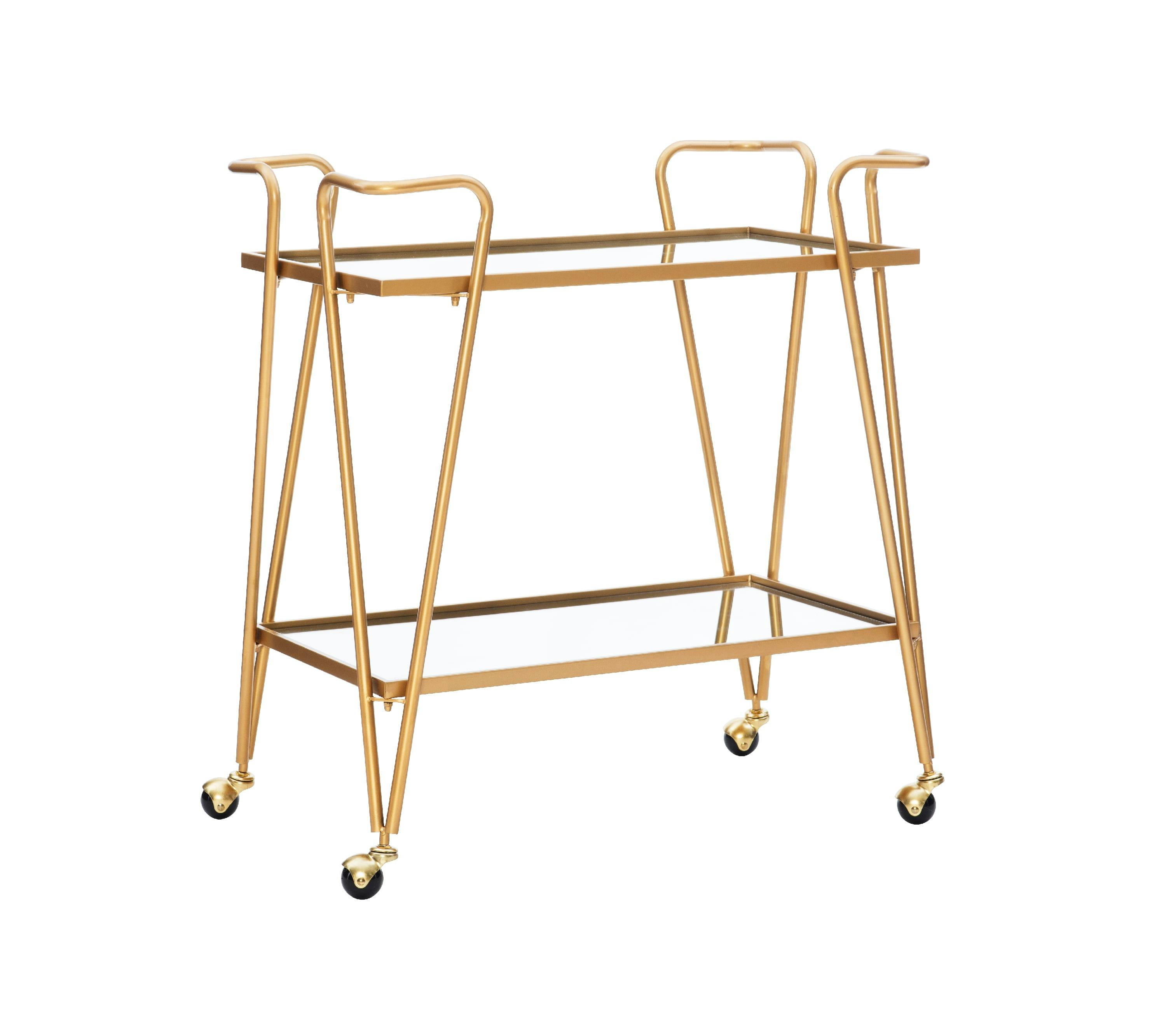 Lawsonia Gold 2-Tier Mid-Century Mobile Bar Cart with Mirrored Shelves
