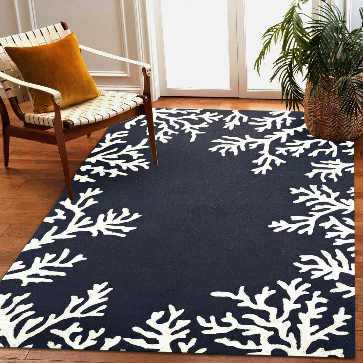 Coastal Charm Navy Blue and White Coral Motif Hand-Tufted Rug