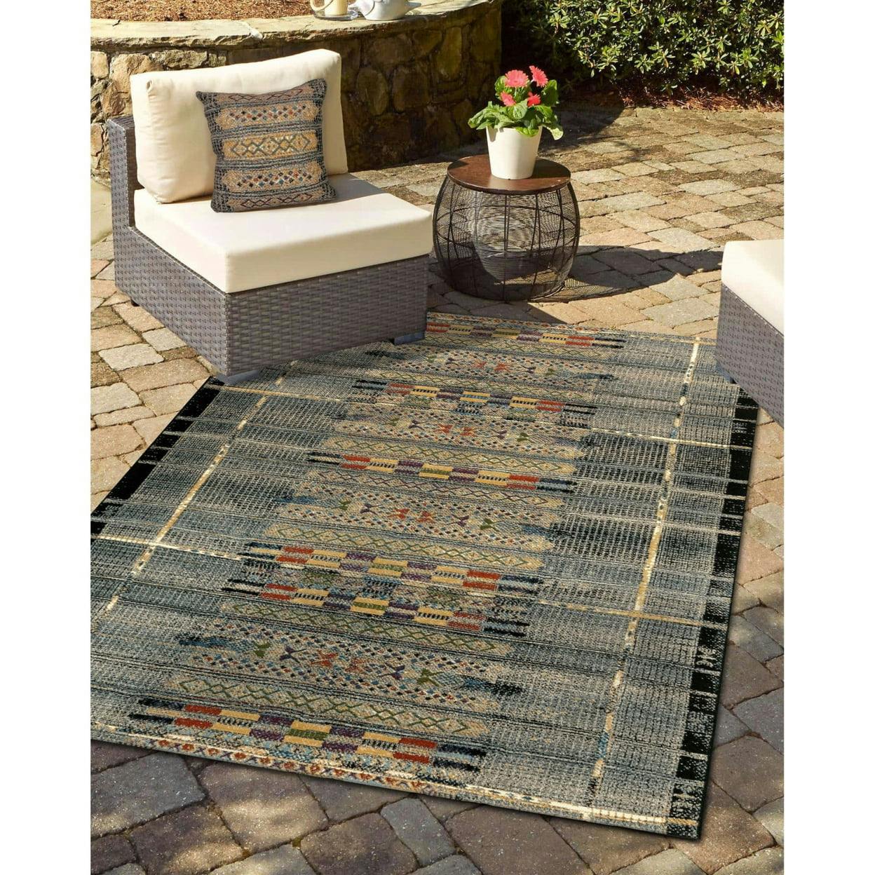 Tribal Stripe Black and Multicolor Synthetic 8' x 10' Indoor/Outdoor Rug