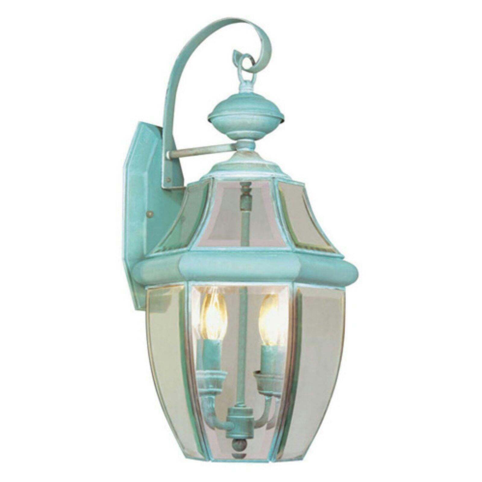 Verdigris Brass Dual-Light Lantern Wall Sconce with Clear Beveled Glass