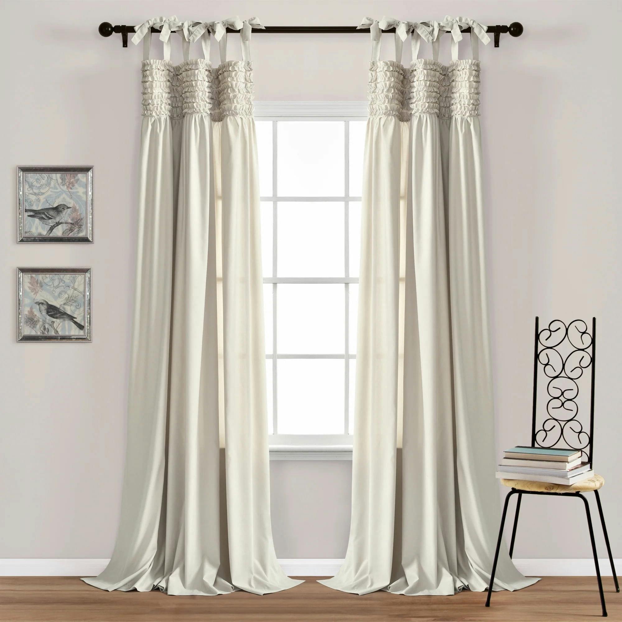 Elegant Lydia Ruffle 84" Neutral Polyester Tie-Top Window Curtain Set