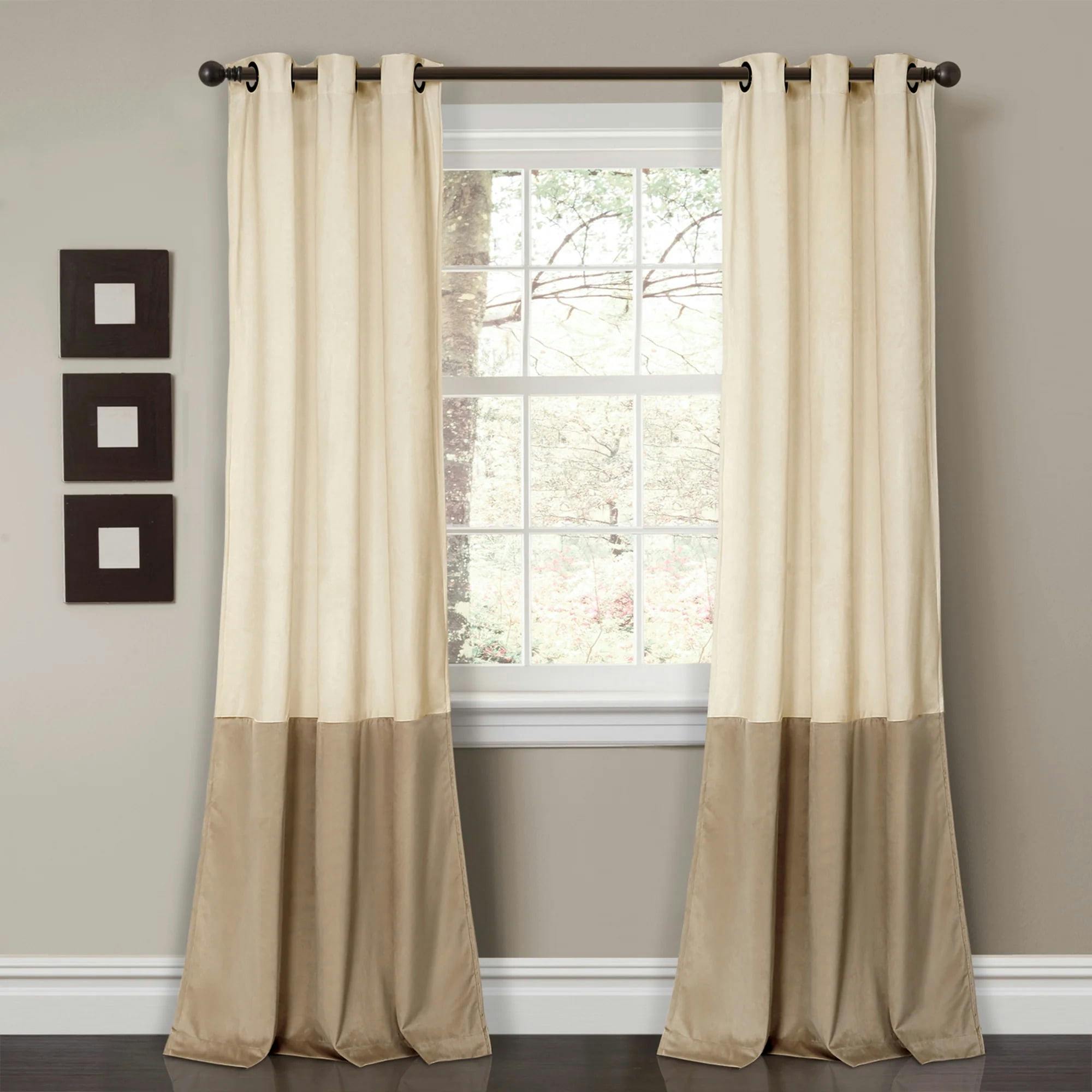 Ivory Taupe Velvet Polyester 84" Grommet Room-Darkening Window Curtain Set