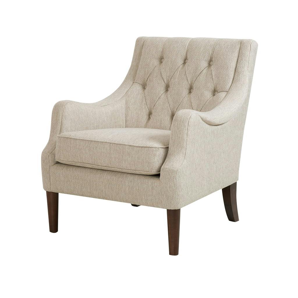 Elegant Beige Handcrafted Wood Accent Chair with Button Tufted Back