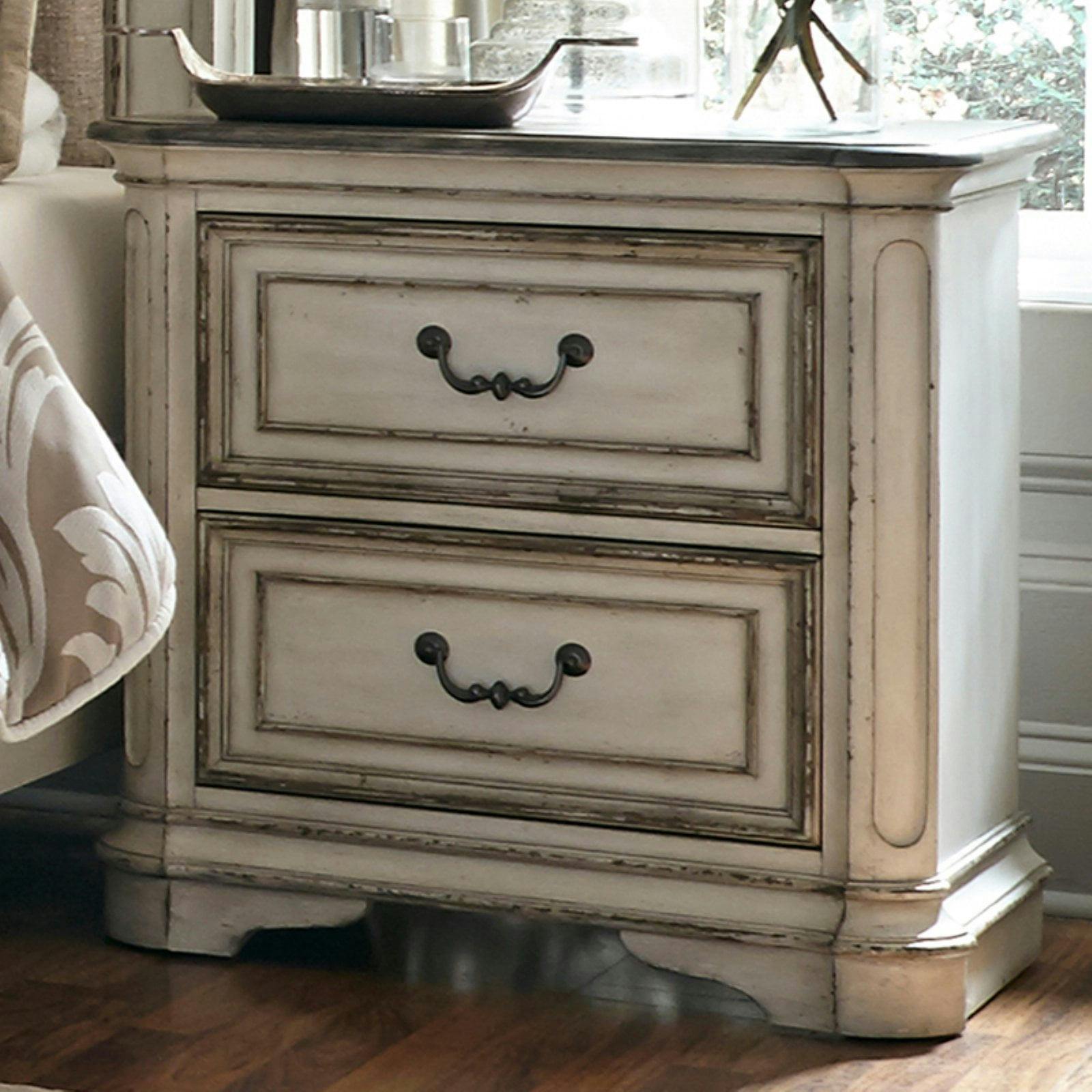 Elegant Whitewashed 2-Drawer Nightstand in Antique White with Bead Molding