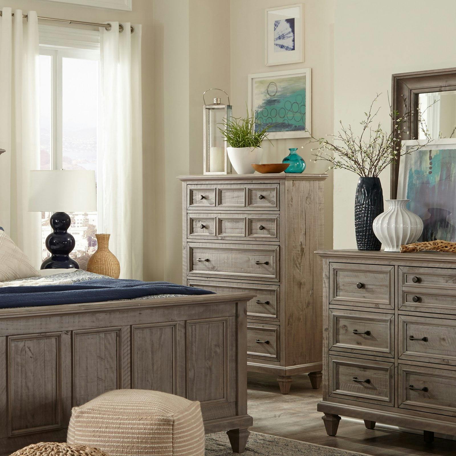 Transitional Gray Pine 5-Drawer Chest with Bronze Accents