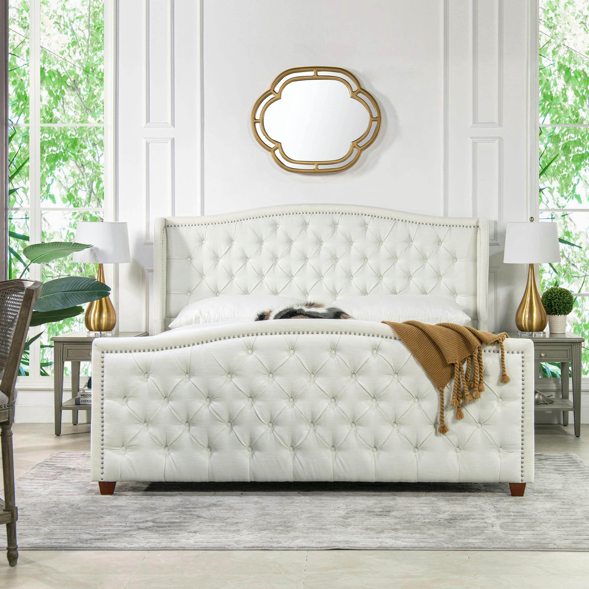 Antique White King Upholstered Bed with Tufted Headboard and Nailhead Trim