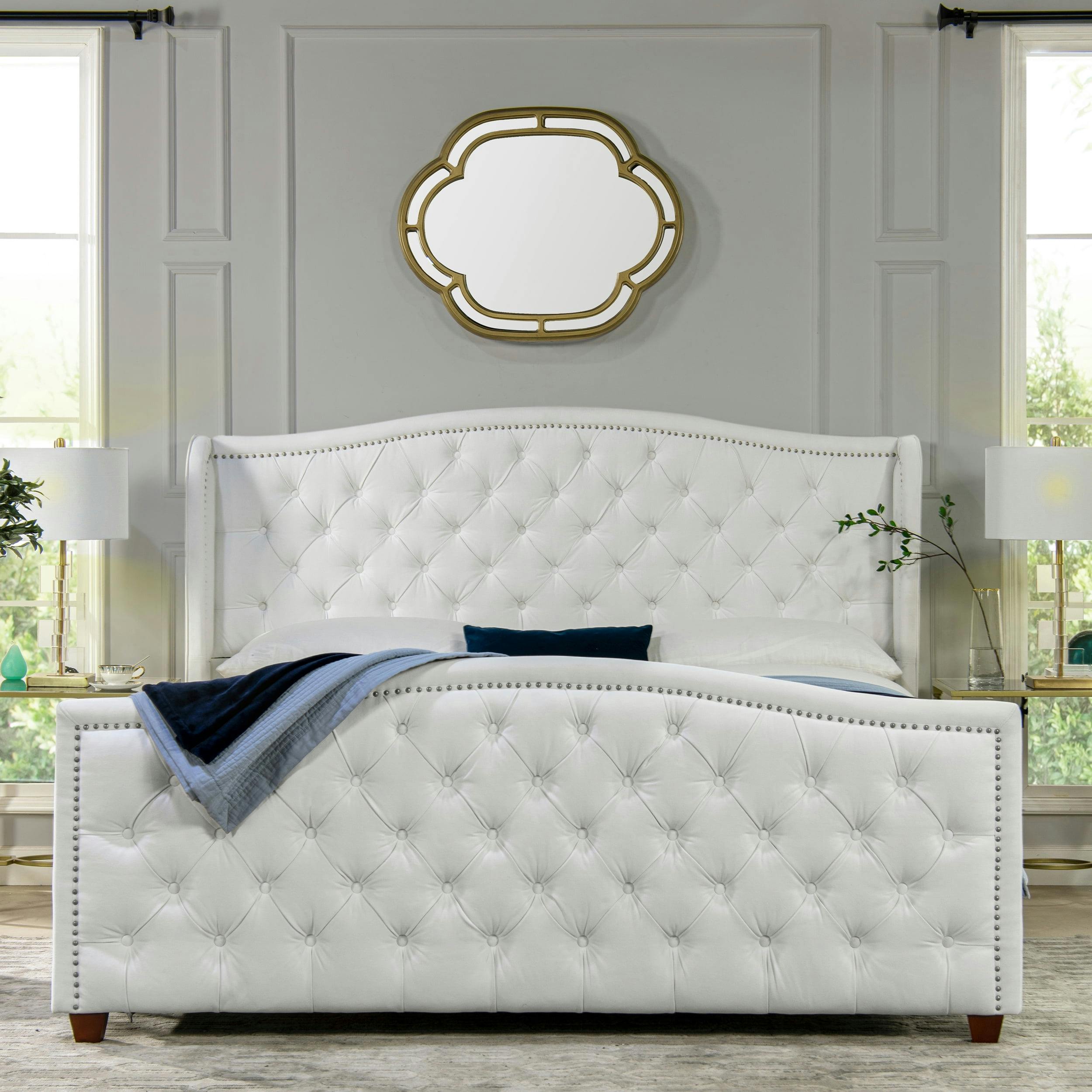 Elegant King-Sized Birch Wood Frame Bed with Tufted Polyester Upholstery