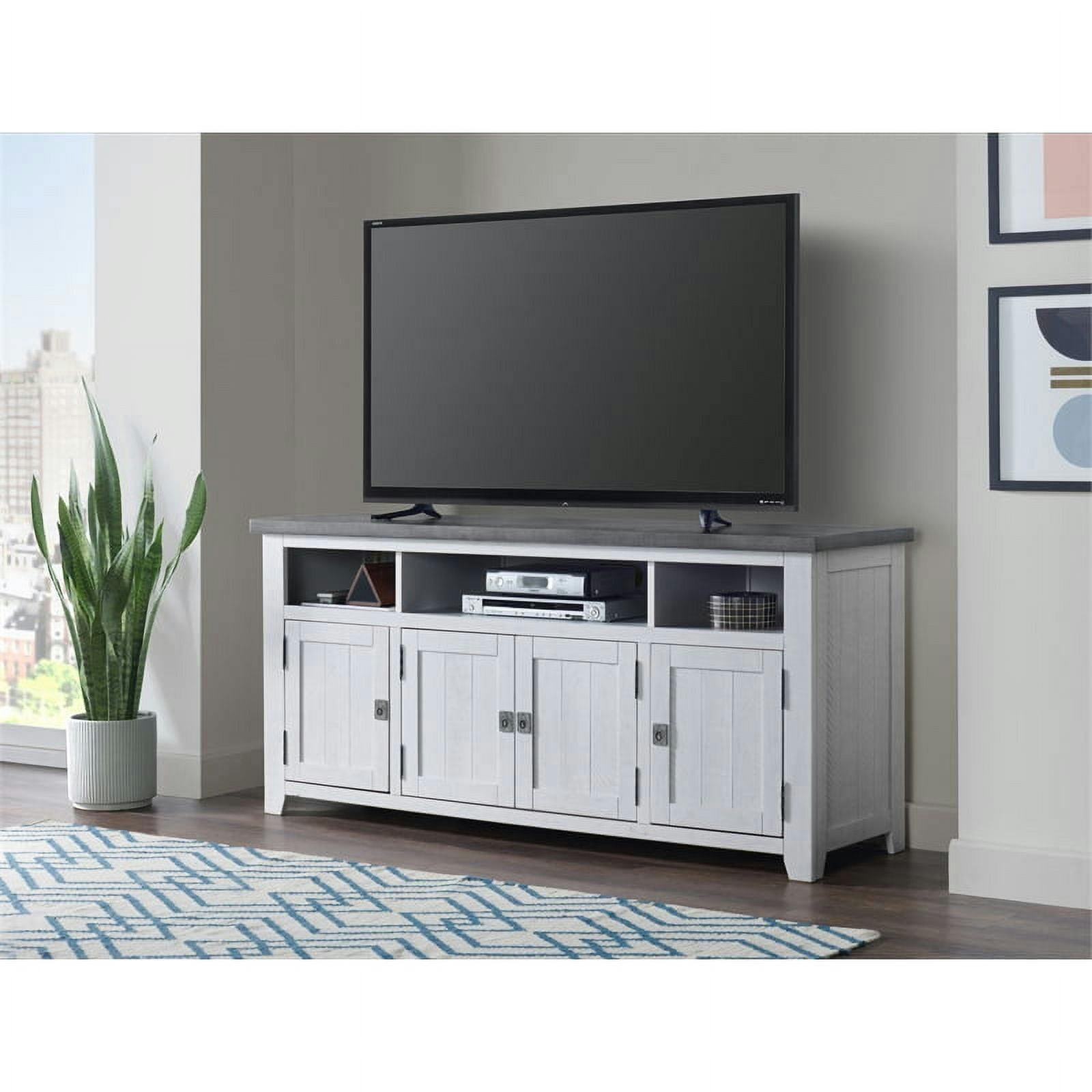 Rustic Farmhouse 65" Solid Pine TV Stand with Cabinet, White Stain and Grey
